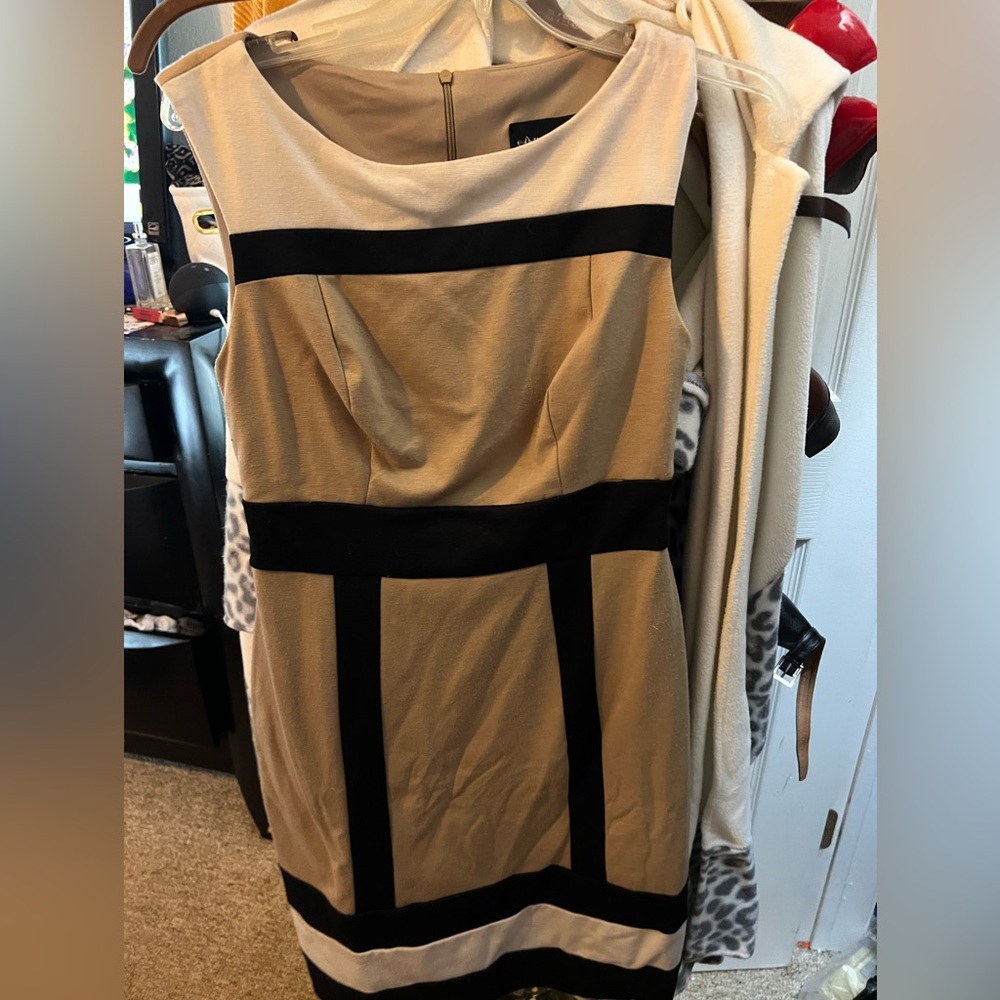 Knee length dress. Black, tan and white. Petite